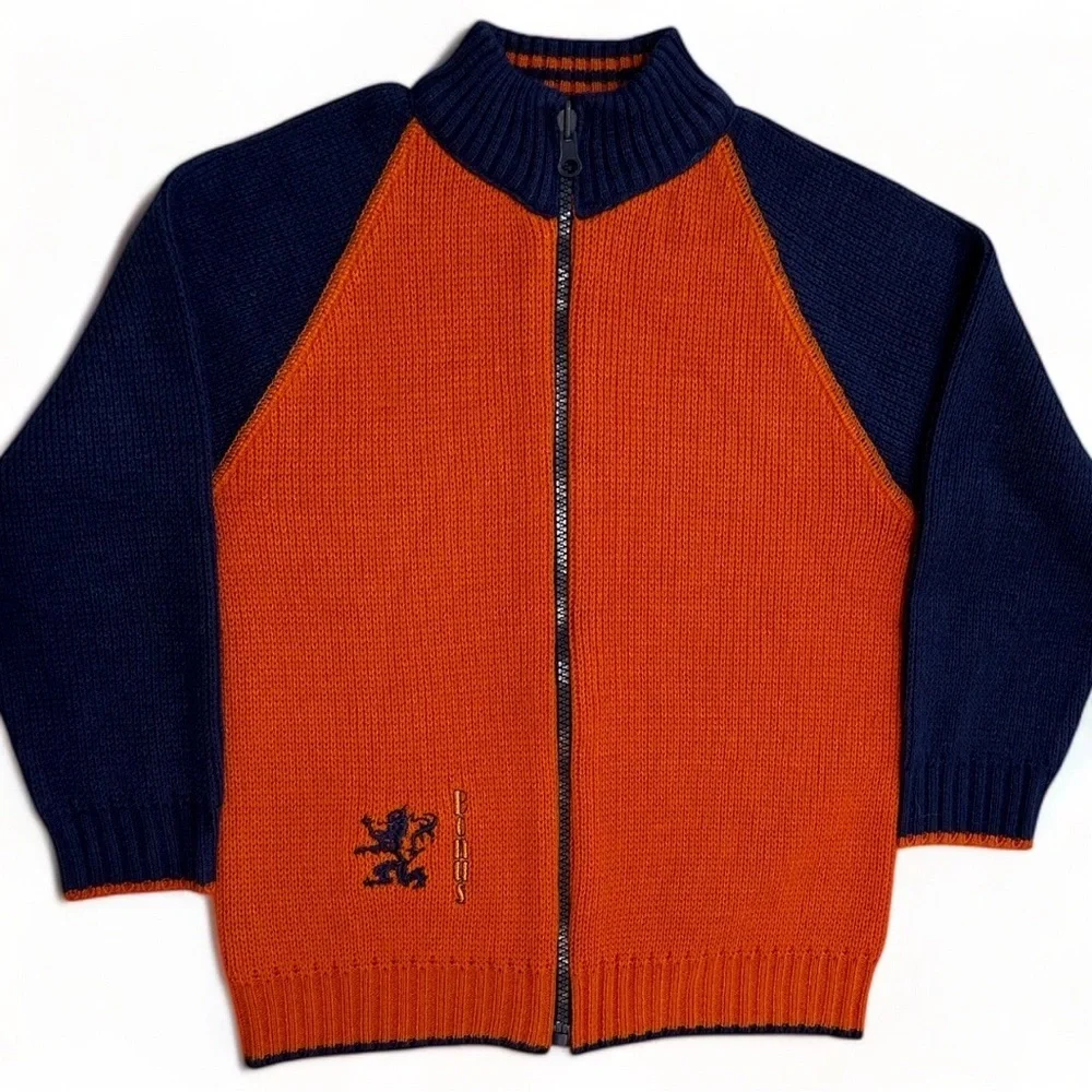 Vintage Boys Orange Navy Blue Knit Sweater Jacket Coat Size Small Netherlands